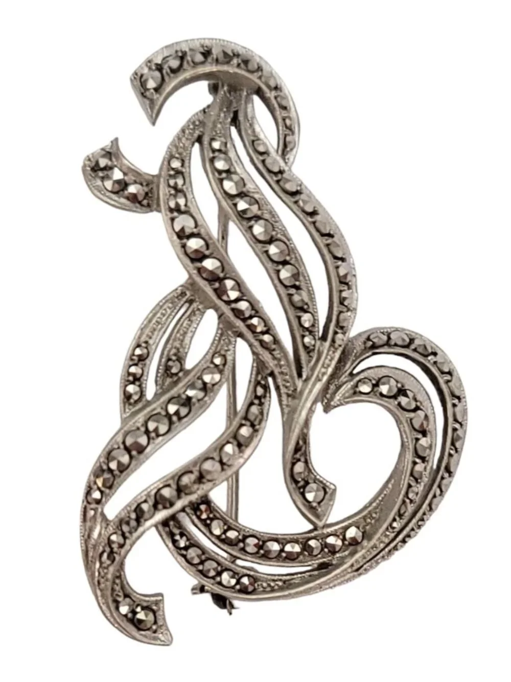 Sterling Silver Marcasite Ribbon Open Plume Brooch Pin K219